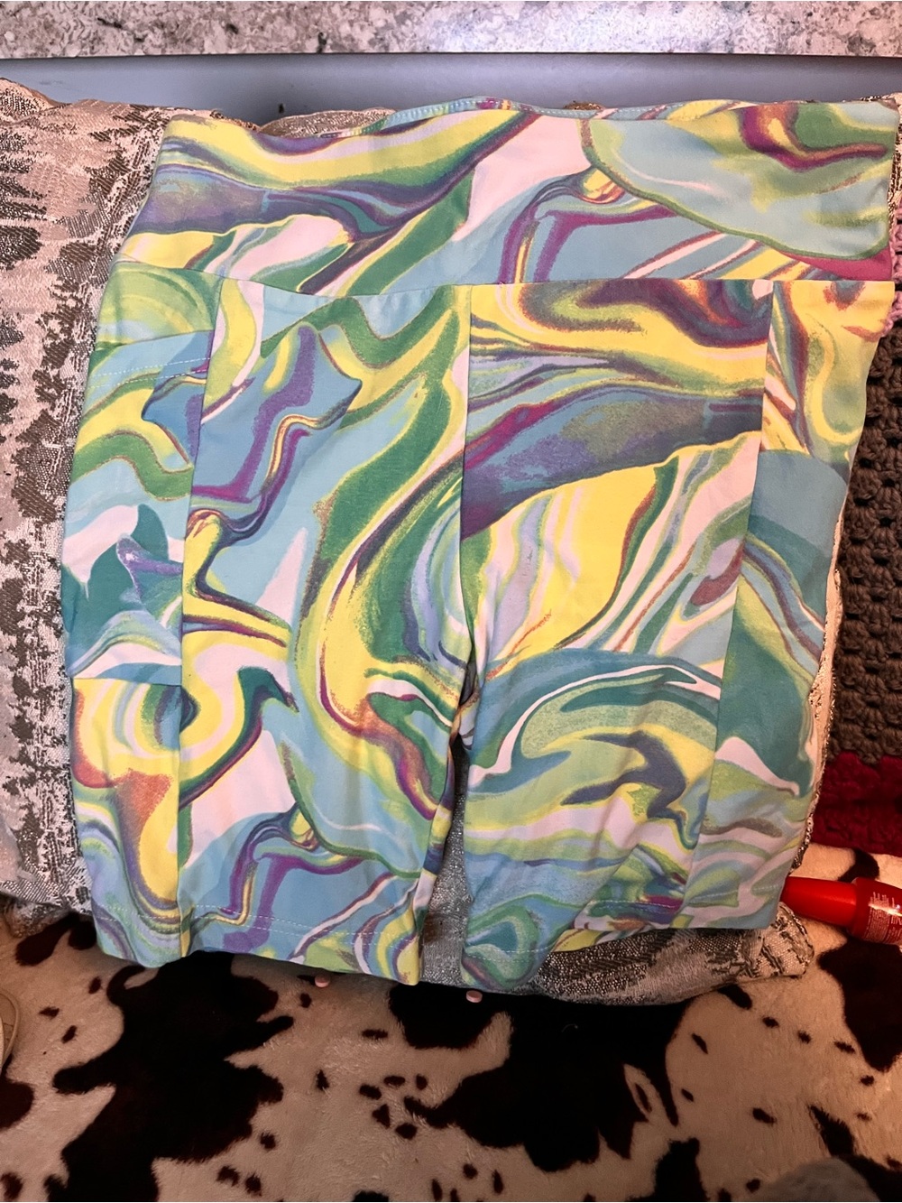 No Boundaries Marble-Print Shorts in Blue, Yellow, Green